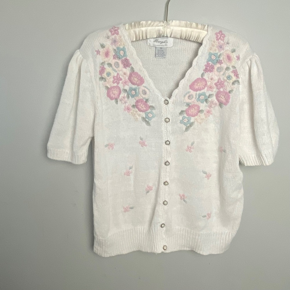 90's‎ Embroidered Floral Knit Cardigan Womens Medium Puff Sleeve Cottagecore - Picture 4 of 8